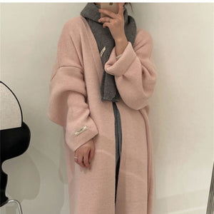 Women’s Long Wool Blend Knit Cardigan | V - Neck Lazy Fit Sweater Coat - Negative Apparel