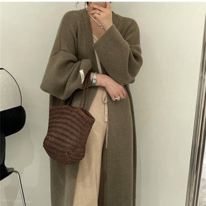 Women’s Long Wool Blend Knit Cardigan | V - Neck Lazy Fit Sweater Coat - Negative Apparel