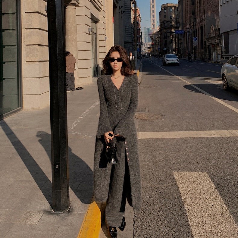 Women’s Long Wool Blend V - Neck Cardigan | Urban Commuter Style Knitwear Coat - Negative Apparel