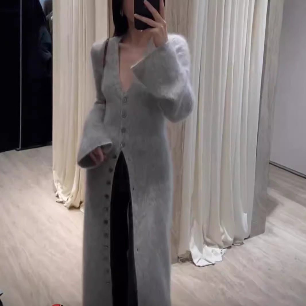 Women’s Long Wool Blend V - Neck Cardigan | Urban Commuter Style Knitwear Coat - Negative Apparel