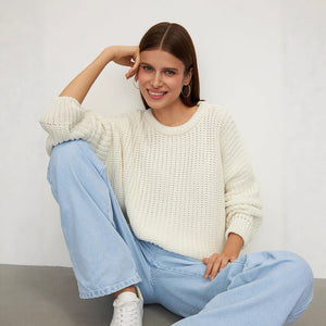 Women’s Loose Knit Sweater | Lantern Sleeve Pullover | Acrylic Cotton Korean Casual Top | Thick Round Neck Sweater Summer 2025 - Negative Apparel