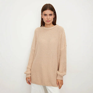 Women’s Loose Knit Sweater | Lantern Sleeve Pullover | Acrylic Cotton Korean Casual Top | Thick Round Neck Sweater Summer 2025 - Negative Apparel