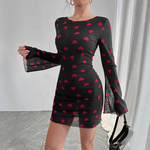 Women's love printing horn sleeve backless mesh dress - Negative Apparel
