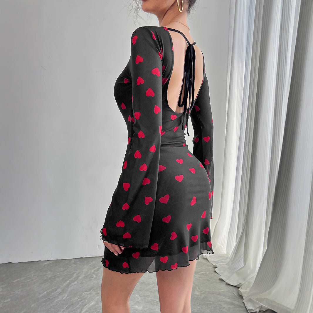 Women's love printing horn sleeve backless mesh dress - Negative Apparel