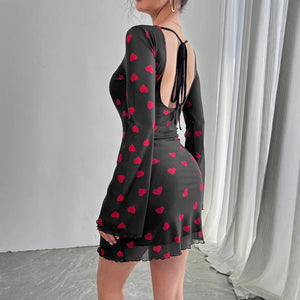 Women's love printing horn sleeve backless mesh dress - Negative Apparel