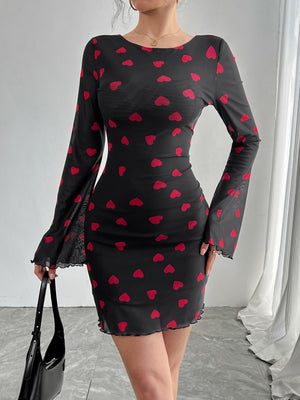 Women's love printing horn sleeve backless mesh dress - Negative Apparel