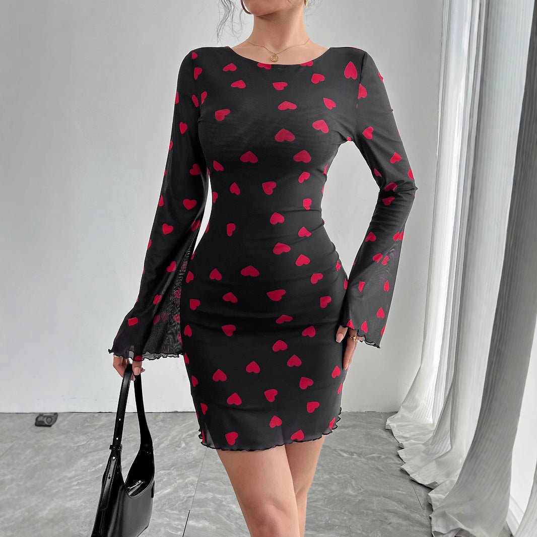 Women's love printing horn sleeve backless mesh dress - Negative Apparel