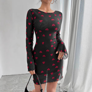 Women's love printing horn sleeve backless mesh dress - Negative Apparel