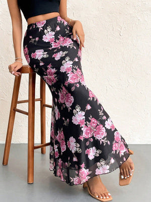 Women's Mesh Floral Printed Low Waist Extra Long Skirt, Elegant Vacation Style - Negative Apparel