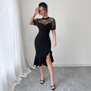 Women's mesh jacquard stitching asymmetrical hem waist skirt imperial sister light and mature wind - Negative Apparel