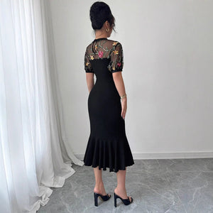 Women's mesh jacquard stitching asymmetrical hem waist skirt imperial sister light and mature wind - Negative Apparel