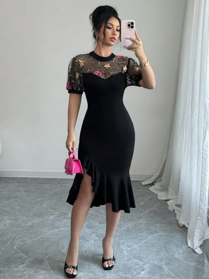 Women's mesh jacquard stitching asymmetrical hem waist skirt imperial sister light and mature wind - Negative Apparel