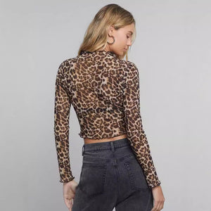 Women's mesh leopard print printed stand - up collar long - sleeved short T-shirt top women - Negative Apparel