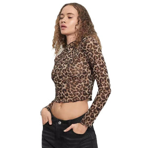 Women's mesh leopard print printed stand - up collar long - sleeved short T-shirt top women - Negative Apparel
