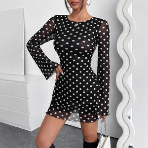 Women's mesh polka dot printing round neck backless long - sleeved dress - Negative Apparel