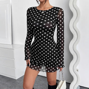 Women's mesh polka dot printing round neck backless long - sleeved dress - Negative Apparel