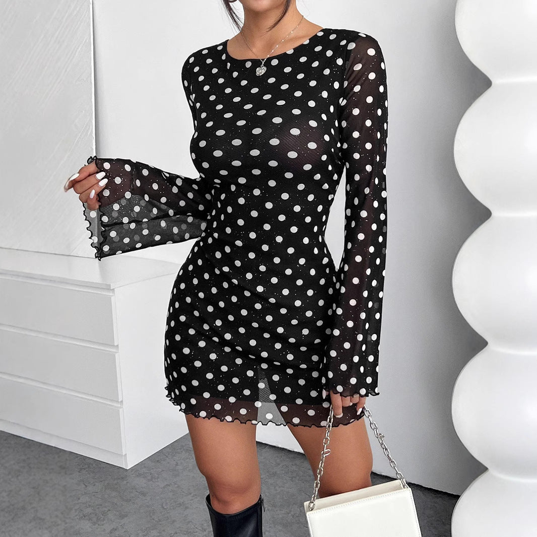 Women's mesh polka dot printing round neck backless long - sleeved dress - Negative Apparel