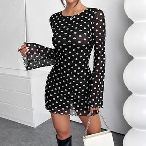 Women's mesh polka dot printing round neck backless long - sleeved dress - Negative Apparel
