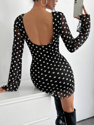 Women's mesh polka dot printing round neck backless long - sleeved dress - Negative Apparel