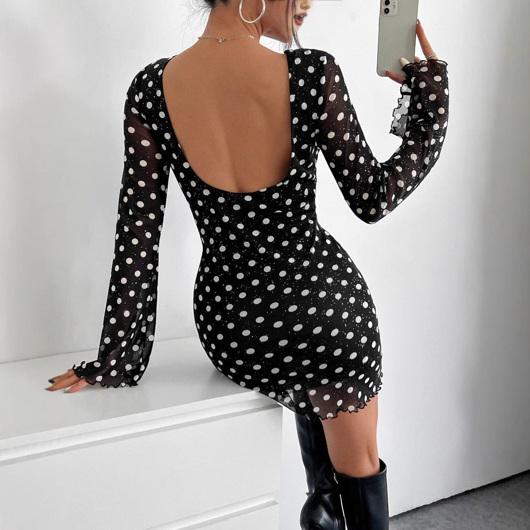 Women's mesh polka dot printing round neck backless long - sleeved dress - Negative Apparel