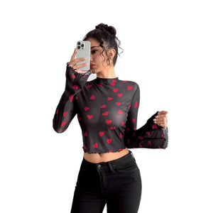 Women's mesh printing crew neck flared sleeve long sleeve T-shirt - Negative Apparel