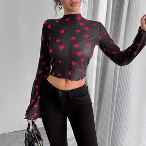 Women's mesh printing crew neck flared sleeve long sleeve T-shirt - Negative Apparel