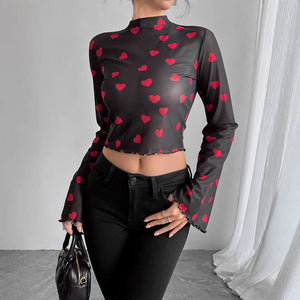 Women's mesh printing crew neck flared sleeve long sleeve T-shirt - Negative Apparel