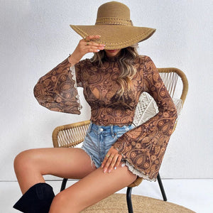 Women's mesh printing crew neck flared sleeve long sleeve T-shirt - Negative Apparel