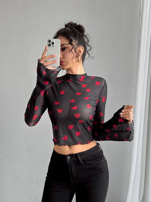 Women's mesh printing crew neck flared sleeve long sleeve T-shirt - Negative Apparel