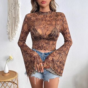 Women's mesh printing crew neck flared sleeve long sleeve T-shirt - Negative Apparel