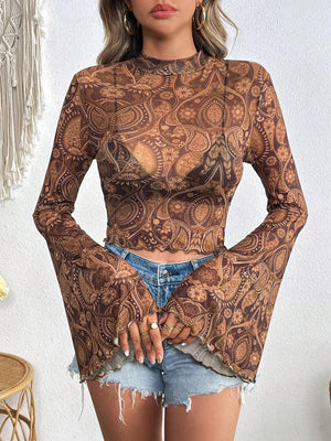 Women's mesh printing crew neck flared sleeve long sleeve T-shirt - Negative Apparel