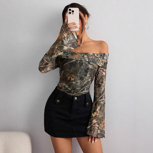 Women's mesh printing one - word collar off - shoulder long - sleeved slim - fitting T-shirt - Negative Apparel