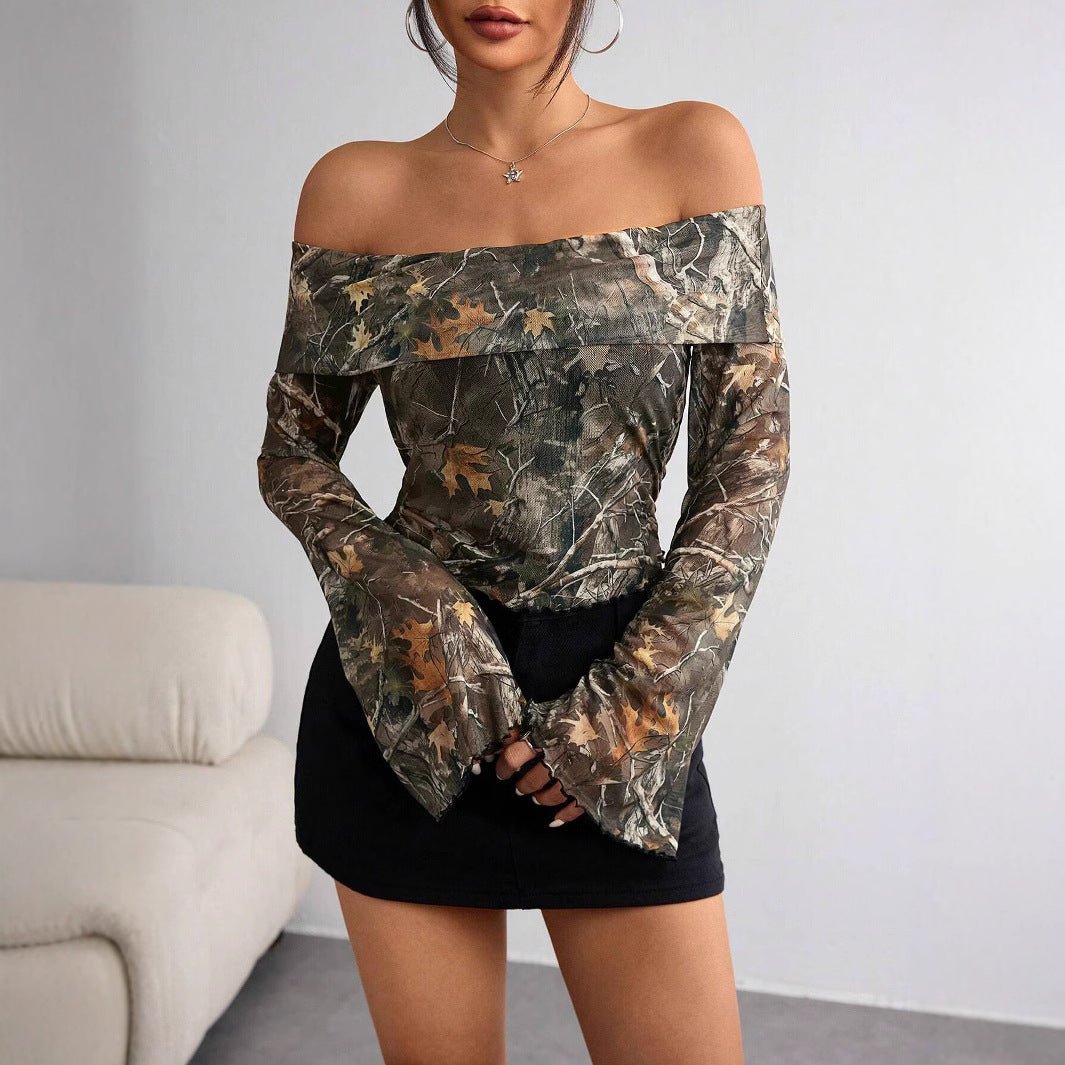 Women's mesh printing one - word collar off - shoulder long - sleeved slim - fitting T-shirt - Negative Apparel
