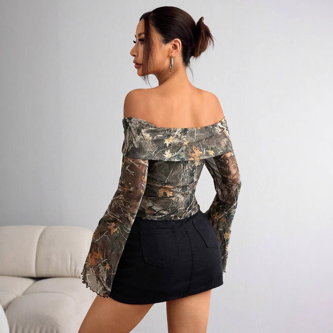 Women's mesh printing one - word collar off - shoulder long - sleeved slim - fitting T-shirt - Negative Apparel