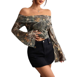 Women's mesh printing one - word collar off - shoulder long - sleeved slim - fitting T-shirt - Negative Apparel