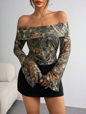 Women's mesh printing one - word collar off - shoulder long - sleeved slim - fitting T-shirt - Negative Apparel