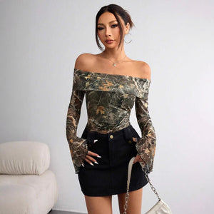Women's mesh printing one - word collar off - shoulder long - sleeved slim - fitting T-shirt - Negative Apparel