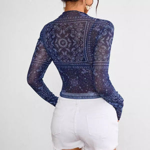 Women's mesh printing stand - up collar long - sleeved short T-shirt top women - Negative Apparel