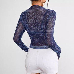 Women's mesh printing stand - up collar long - sleeved short T-shirt top women - Negative Apparel