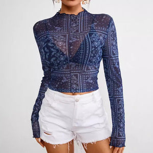 Women's mesh printing stand - up collar long - sleeved short T-shirt top women - Negative Apparel