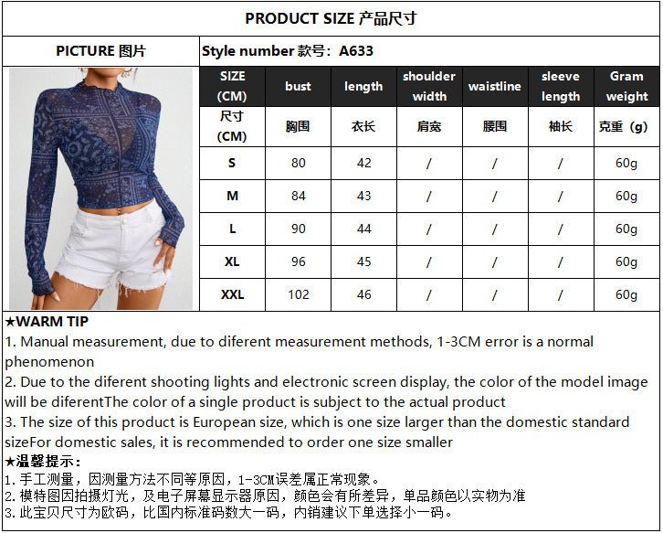 Women's mesh printing stand - up collar long - sleeved short T-shirt top women - Negative Apparel