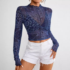 Women's mesh printing stand - up collar long - sleeved short T-shirt top women - Negative Apparel