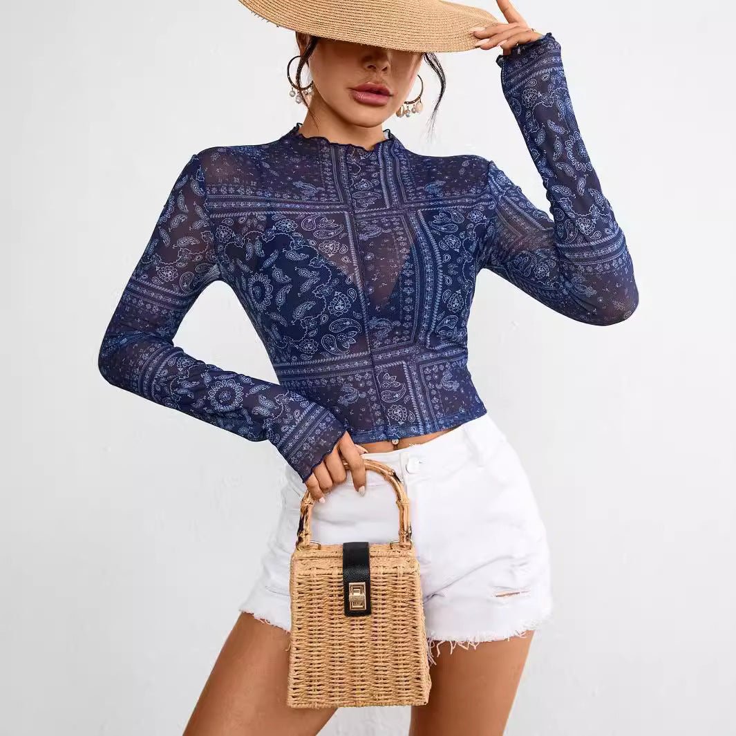 Women's mesh printing stand - up collar long - sleeved short T-shirt top women - Negative Apparel