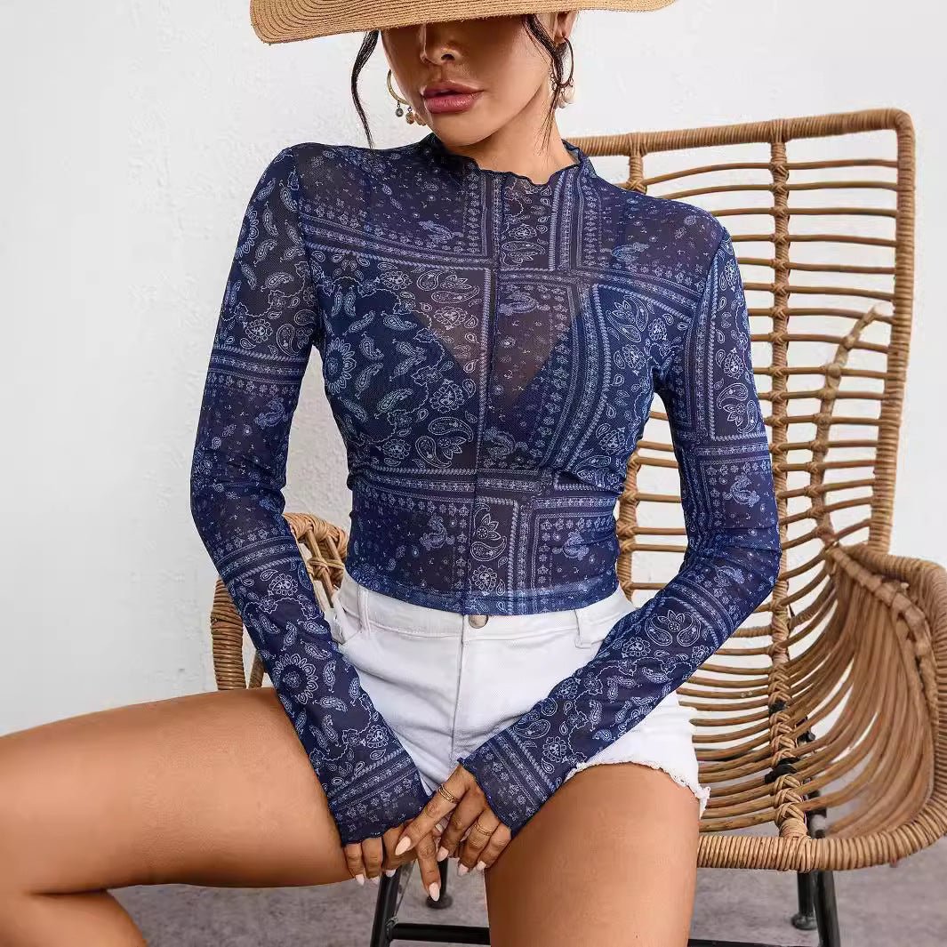 Women's mesh printing stand - up collar long - sleeved short T-shirt top women - Negative Apparel