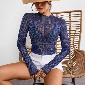 Women's mesh printing stand - up collar long - sleeved short T-shirt top women - Negative Apparel