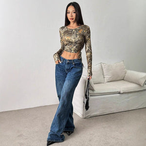 Women's mesh yarn, branch printing, side drawstring, slim - fitting short T-shirt, top - Negative Apparel