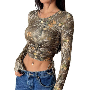 Women's mesh yarn, branch printing, side drawstring, slim - fitting short T-shirt, top - Negative Apparel