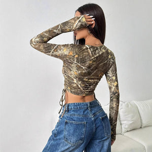 Women's mesh yarn, branch printing, side drawstring, slim - fitting short T-shirt, top - Negative Apparel