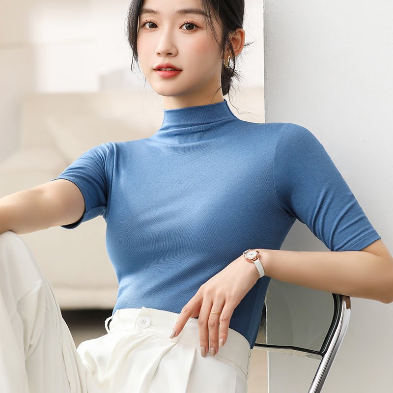 Women’s Modal Half - Turtleneck Pullover – Slim Fit Wrinkle - Free Top | Japanese Korean Style Soft Stretch Tee for Spring 2025 - Negative Apparel