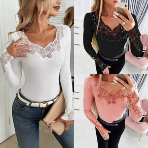 Women's neckline cuffs splicing lace lace hot diamond long - sleeved top - Negative Apparel